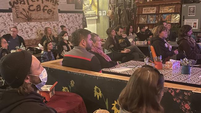 The crowd listening to panellists at the Greens justice and community safety policy launch at the Watertank cafe, Alice Springs on may 23, 2024.