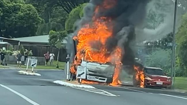 A Coles delivery truck has burst into flames on a suburban street in Cairns, forcing traffic to be diverted by police.