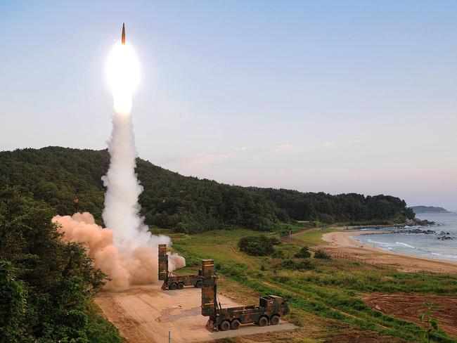 In this handout photo released by the South Korean Defense Ministry, South Korea's Hyunmoo-2 ballistic missile is fired during an exercise aimed to counter North Korea's nuclear test. Picture: South Korean Defense Ministry