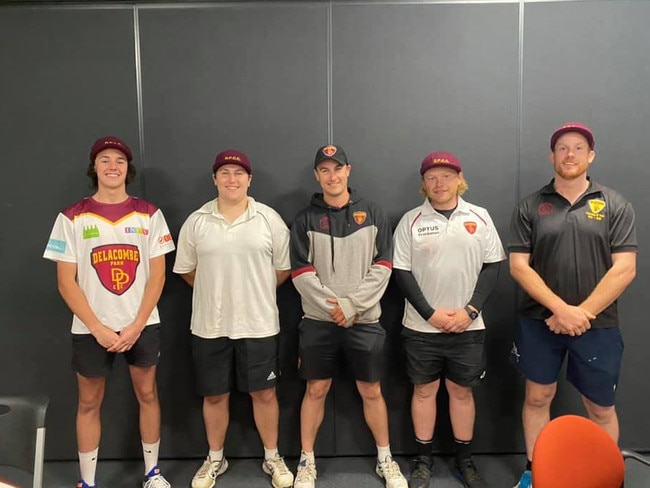 Delacombe Park coach Daniel Streker stands in the middle of four 1st XI debutants: (from left) Zac Noble, Ben Bradley-Bridge, Matthew Whelan and Tim Clarke.