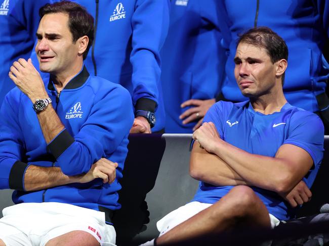 LONDON, ENGLAND - SEPTEMBER 23: Roger Federer of Team Europe shows emotion alongside Rafael Nadal following their final match during Day One of the Laver Cup at The O2 Arena on September 23, 2022 in London, England. (Photo by Julian Finney/Getty Images for Laver Cup)