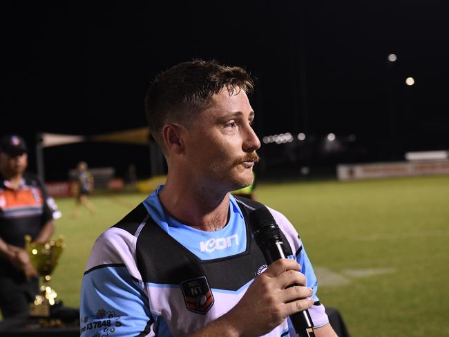 Northern Sharks captain Jacob Collier congratulates Palmerston Raiders after they won NRLNT Grand Final 2022. Picture: (A)manda Parkinson