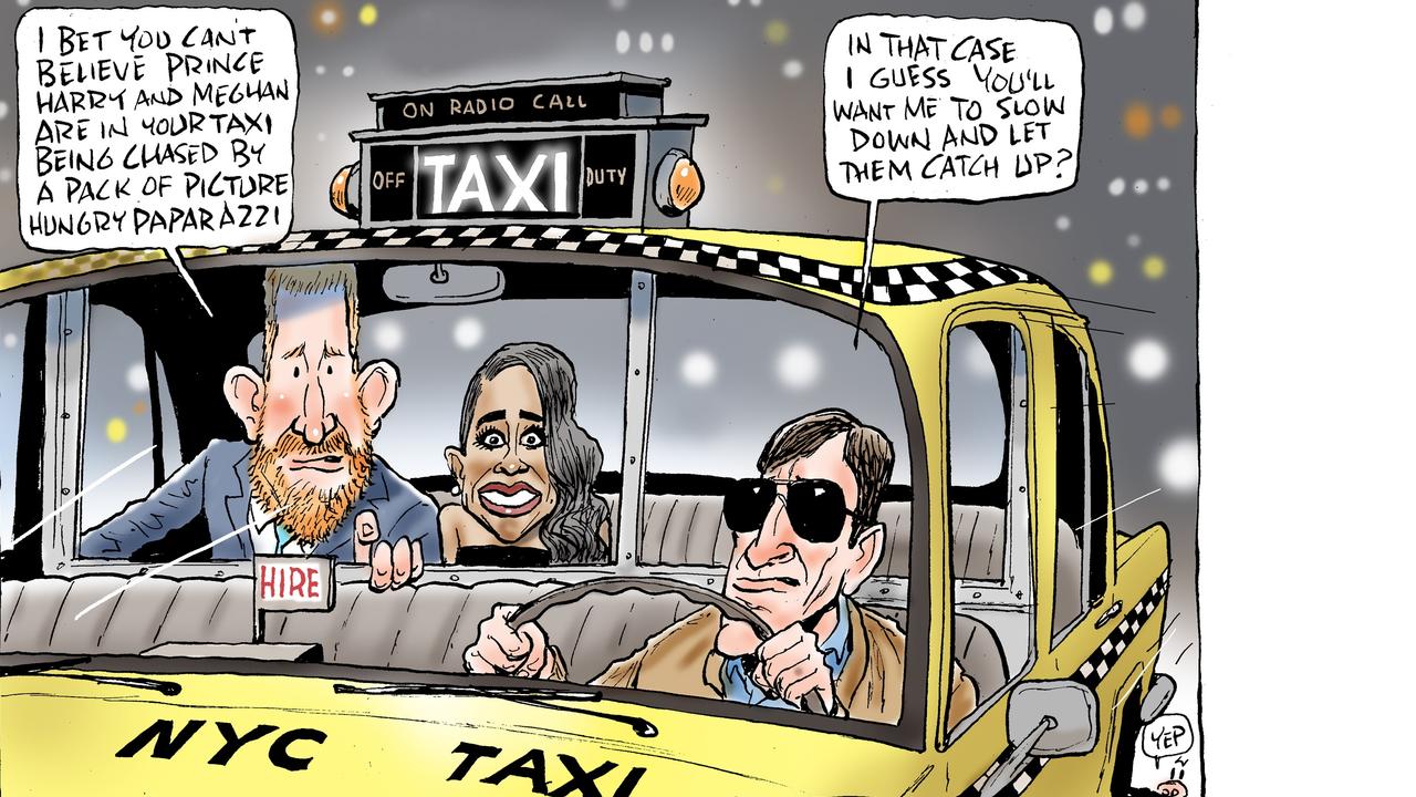 New York taxi drivers don’t miss a trick, as suggested by Mark Knight’s cartoon about the now infamous Manhattan car chase with the Duke and Duchess of Sussex. Picture: Mark Knight, Herald Sun, May 20.