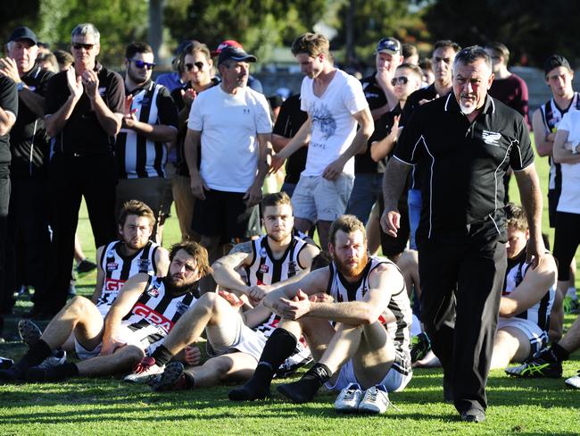 Payneham Norwood Union coach Garry McIntosh after the Falcons’ grand final loss. Picture: Mark Brake