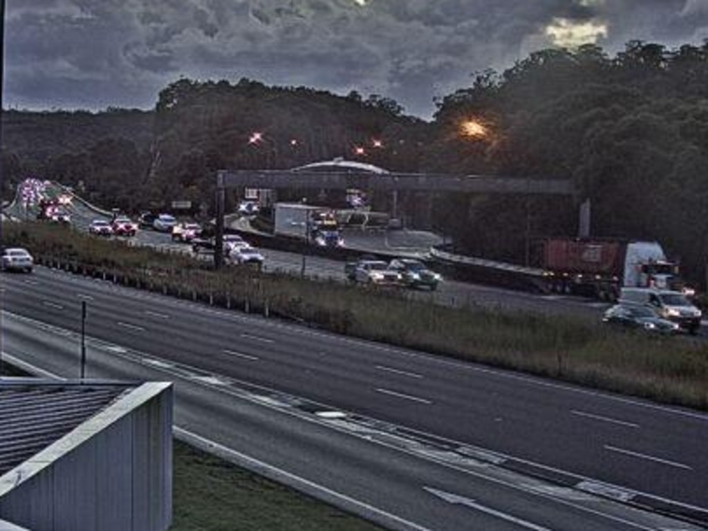 Cars and trucks pulled over in the Mount White heavy vehicle checking station. Picture: Live Traffic NSW