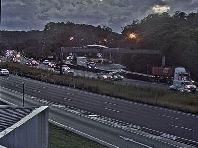 Cars and trucks pulled over in the Mount White heavy vehicle checking station. Picture: Live Traffic NSW