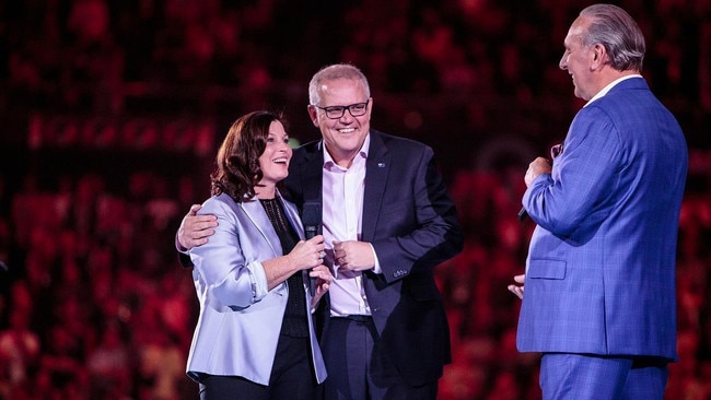 Scott Morrison and his wife pictured with former Hillsong church founder and pastor Brian Houston.