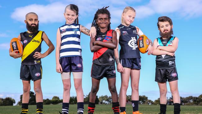 The 2019 NAB Mini Legends Jake, 8 (Bachar Houli), Grace, 8 (Richelle Cranston), Albert, 8 (Anthony McDonald-Tipungwuti), Alyssa, 8 (Tayla Harris) and Koby, 6 (Justin Westhoff). Picture: Wayne Taylor