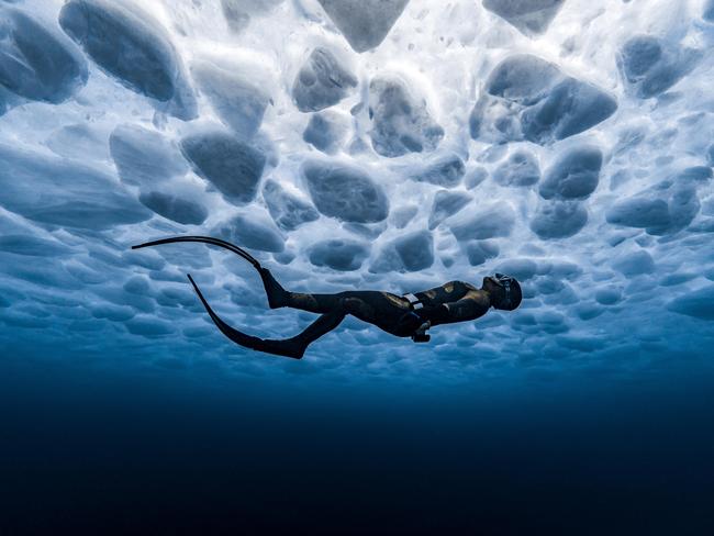 James Ferrara: A freediver gazes up at the intricate ice patterns below the surface of a frozen lake. Canada