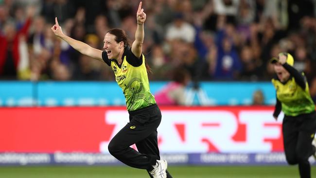 Megan Schutt celebrates after taking the wicket of Poonam Yadav of India during the ICC Women’s T20 Cricket World Cup final at the MCG in March 2020. Picture: Cameron Spencer/Getty Images