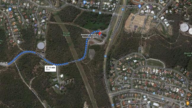 An aerial view of the distance between the illegal dumping site and the Beenleigh tip marked by the blue dotted line with Tallagandra St to the north and Mt Warren Boulevard to the south.