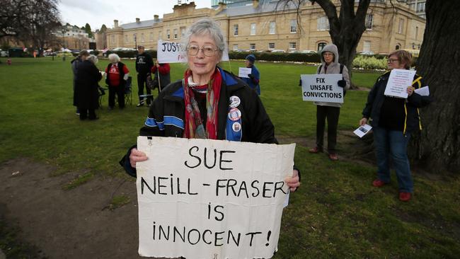 Jennie Herrera and other supporters of Sue Neill-Fraser at a vigil on Parliament Lawn to mark the seventh anniversary of Neill-Fraser’s imprisonment. Picture: RICHARD JUPE
