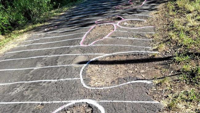 CLEAR MESSAGE: Guerilla road artist Roa Dart is again sending the Lismore City Council a clear message about dangerous sections of roads around the Lismore area. Picture: Max Osborn