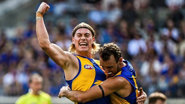 PERTH, AUSTRALIA - APRIL 14: Harley Reid of the Eagles celebrates a goal during the 2024 AFL Round 05 match between the West Coast Eagles and the Richmond Tigers at Optus Stadium on April 14, 2024 in Perth, Australia. (Photo by Daniel Carson/AFL Photos via Getty Images)