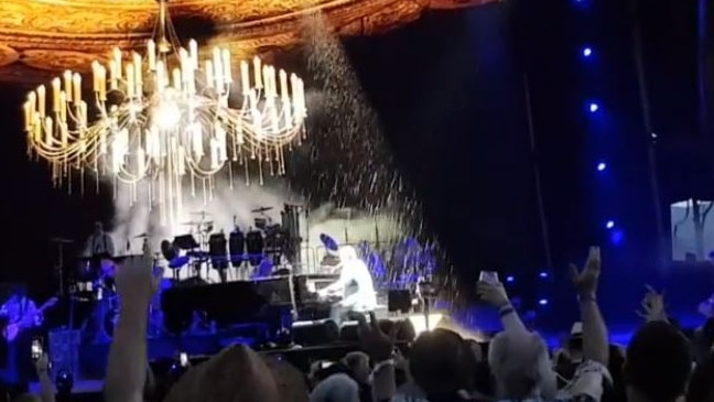 Elton John plays during torrential rain at a concert in the Yarra Valley. Picture: Instagram/@himuratz