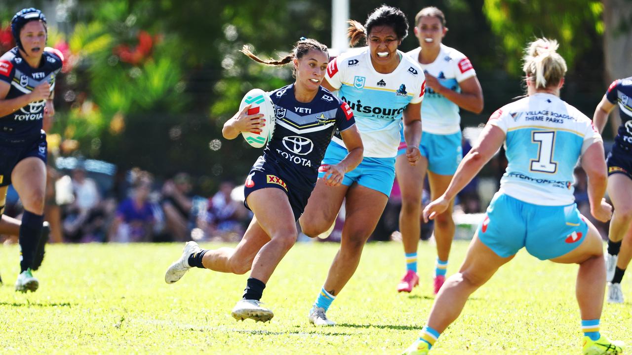 Krystal Blakwell breaks through the Titans’ defensive line during an NRLW trial game held at Alley Park, Gordonvale earlier this month. Picture: Brendan Radke