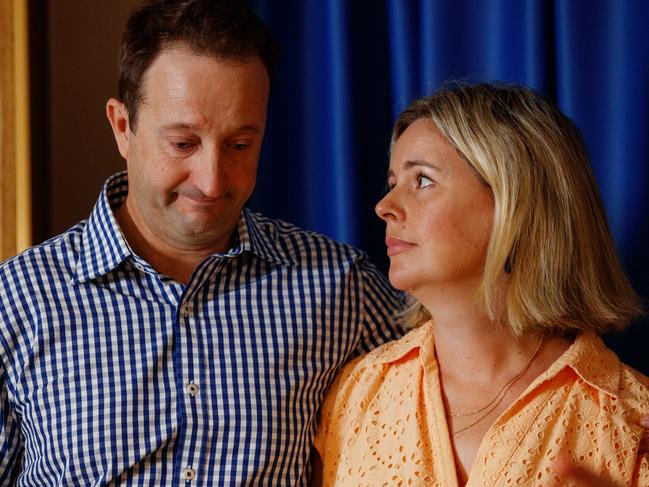 Danny and Elouise Massa, parents of two-year-old Joe, who died at the Northern Beaches Hospital, during a press conference to announce a ban on public private partnerships for acute hospitals in New South Wales. Picture: NewsWire / Nikki Short