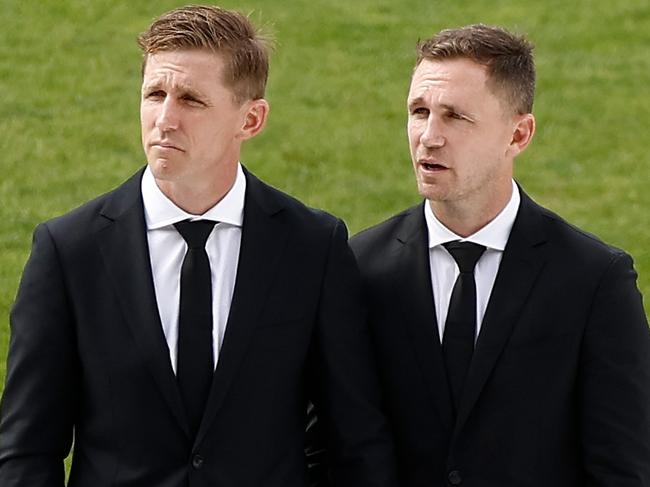 Scott Selwood and Joel Selwood at their brother Troy Selwood's funeral service at GMHBA Stadium. Picture: Getty