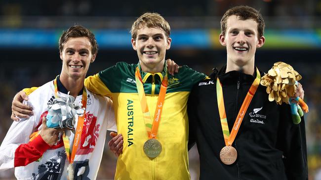 Paul Blake of Great Britain (silver), James Turner of Australia (gold) and William Stedman of New Zealand after the 800m final.