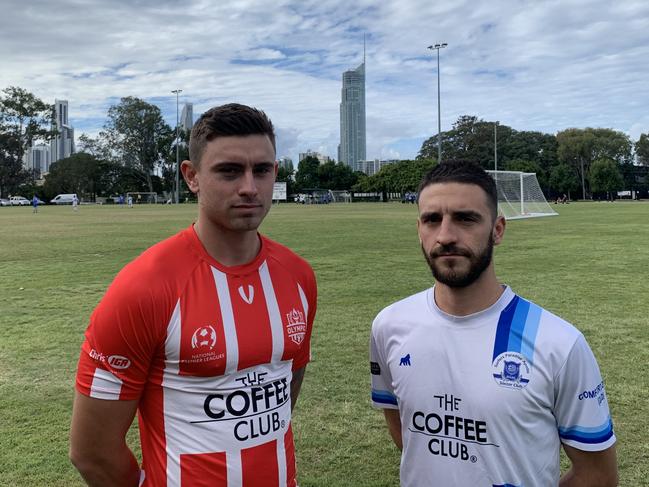 Olympic captain Steve Whyte with Surfers Paradise counterpart Bruno Rodriguez ahead of tomorrow’s Round 7 FFA Cup clash at Lex Bell Oval.