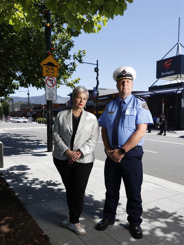 Sue Hickey mayor Glenorchy City Council with Inspector Jason Klug Tasmania Police. Tasmania Police will be conducting increased high visibility patrols at shopping precincts targeting shoplifting and anti-social behaviours in the lead up to the busy festive season. Picture: Nikki Davis-Jones