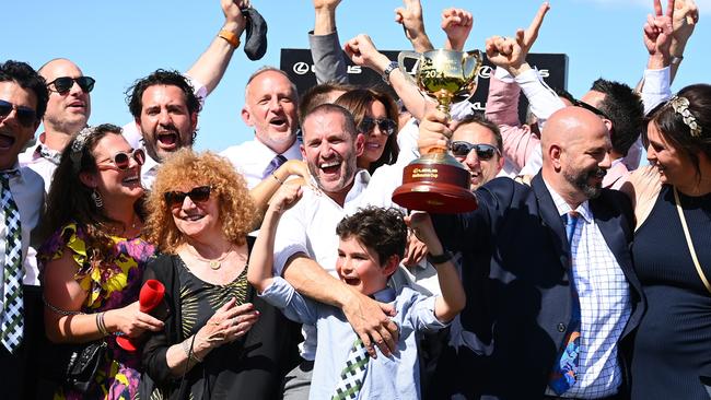 Verry Elleegant owners Brae Sokolski and Ozzie Kheir celebrate. Picture: Getty Images