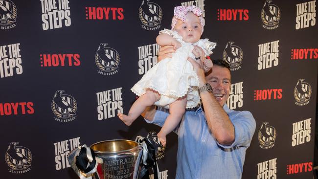 Craig McRae with daughter Maggie at the red carpet arrivals for the Collingwood documentary at Hoyts, Melbourne Central. Picture: Jason Edwards