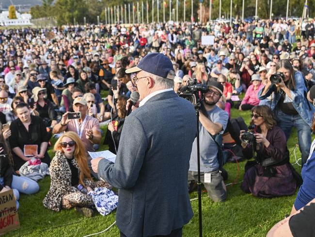 Prime Minister, Anthony Albanese addresses crowds at the No More! National Rally Against Violence march at Parliament House in Canberra. NCA NewsWire