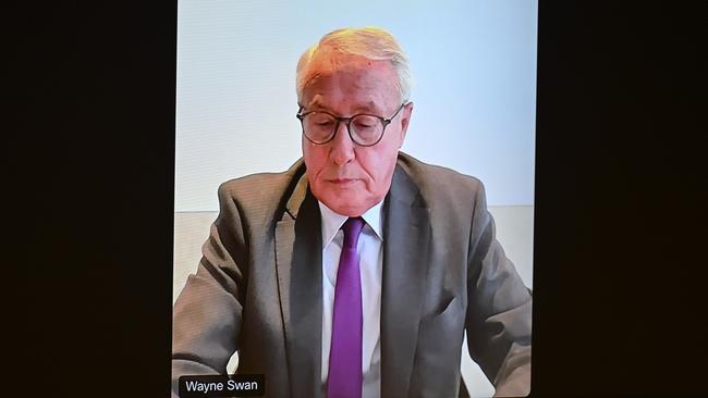 CBUS Super chairman Wayne Swan appearing via video conference before the Senate Economics References Committee on November 29. Picture: NewsWire / Martin Ollman