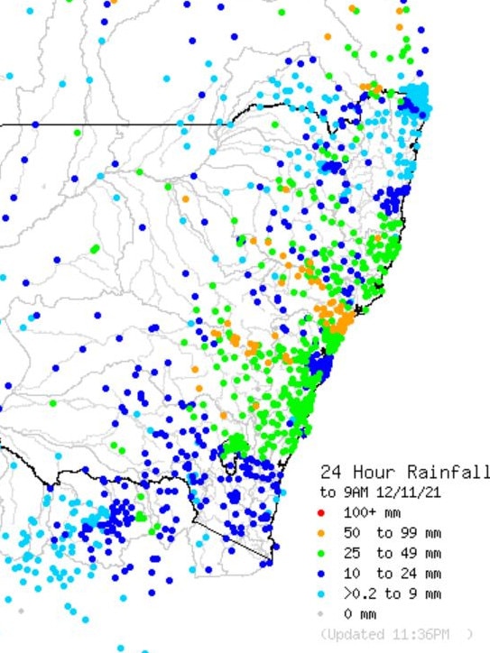 In the past 24 hours, parts of NSW recorded between 50 to 99mm of rain. Picture: Supplied/BOM