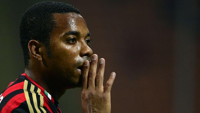 (FILES) This file photo taken on September 28, 2013 shows AC Milan's Brazilian forward Robinho during the Italian Seria A football match AC Milan vs Sampdoria, on Septembre 28, 2013, in San Siro stadium in Milan. A Milan court on November 23, 2017 sentenced former AC Milan and Brazil forward Robinho aka Robson de Souza Santos to nine years in jail for gang raping a 22-year-old Albanian woman in a Milan disco on January 22, 2013.  Robinho, who is now playing for Brazil team Atletico Mineiro, was found guilty of committing the rape with five other people. / AFP PHOTO / Olivier MORIN