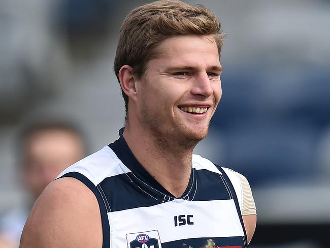 VFL Football: Geelong v Essendon. Geelong's Nathan Vardy in the warm up. Picture: NIGEL HALLETT