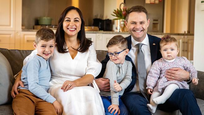 Treasurer Stephen Mullighan with wife Antonia, and sons Ben, 7, Isaac, 4, and daughter Olivia, 11 months. Picture: Tom Huntley