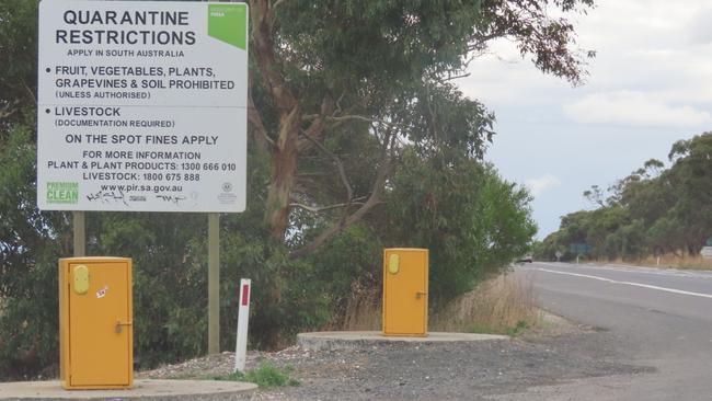 A fruit fly quarantine sign 2km into South Australia from the Victorian border. Picture: Arj Ganesan