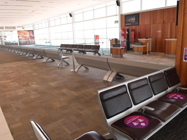 Row after row of empty seats in the departure gates at Adelaide Airport. Picture: Keryn Stevens
