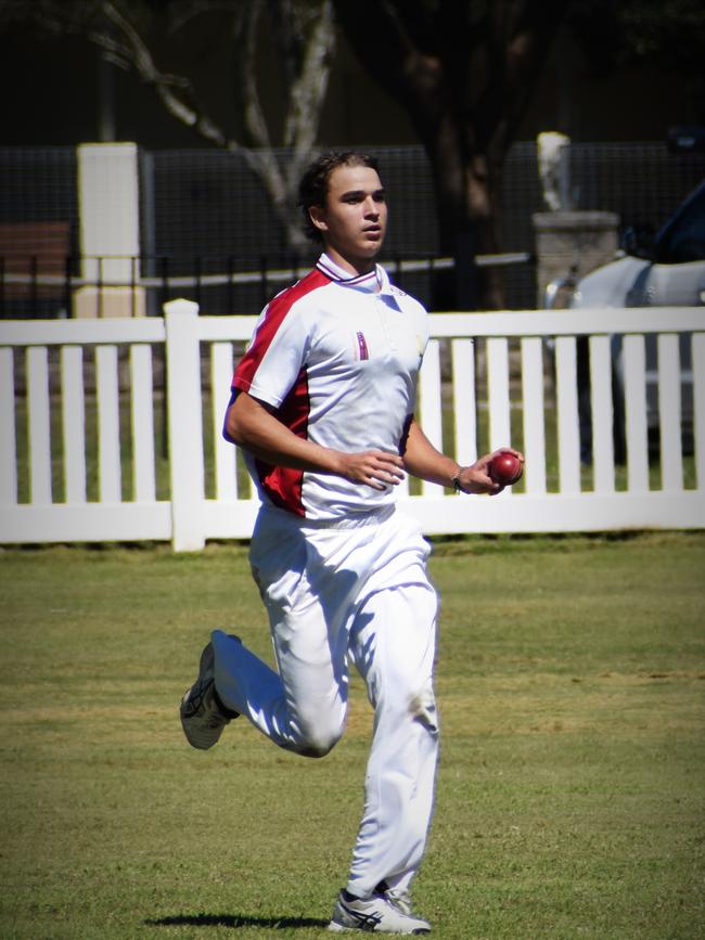 Brothers Clocktower Hotel left arm quick Ethan Lucas steams in during the Clarence River Cricket Association 2020/21 GDSC Premier League grand final against Ulmarra Hotel Tucabia Copmanhurst at Ellem Oval on Sunday, 28th March, 2021. Lucas was the pick of the bowlers for Brothers taking 3 for 58 off 20 overs.