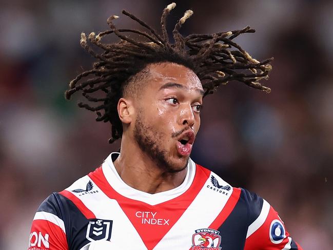 SYDNEY, AUSTRALIA - MARCH 22: Dominic Young of the Roosters runs the ball during the round three NRL match between Sydney Roosters and South Sydney Rabbitohs at Allianz Stadium, on March 22, 2024, in Sydney, Australia. (Photo by Cameron Spencer/Getty Images)