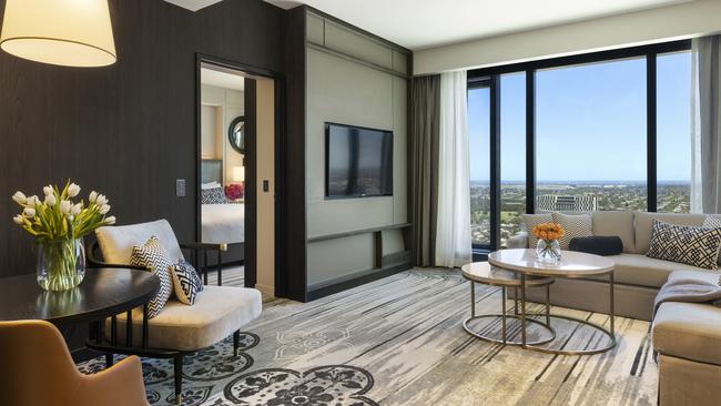 Living area of a Prestige Suite at Sofitel Adelaide.