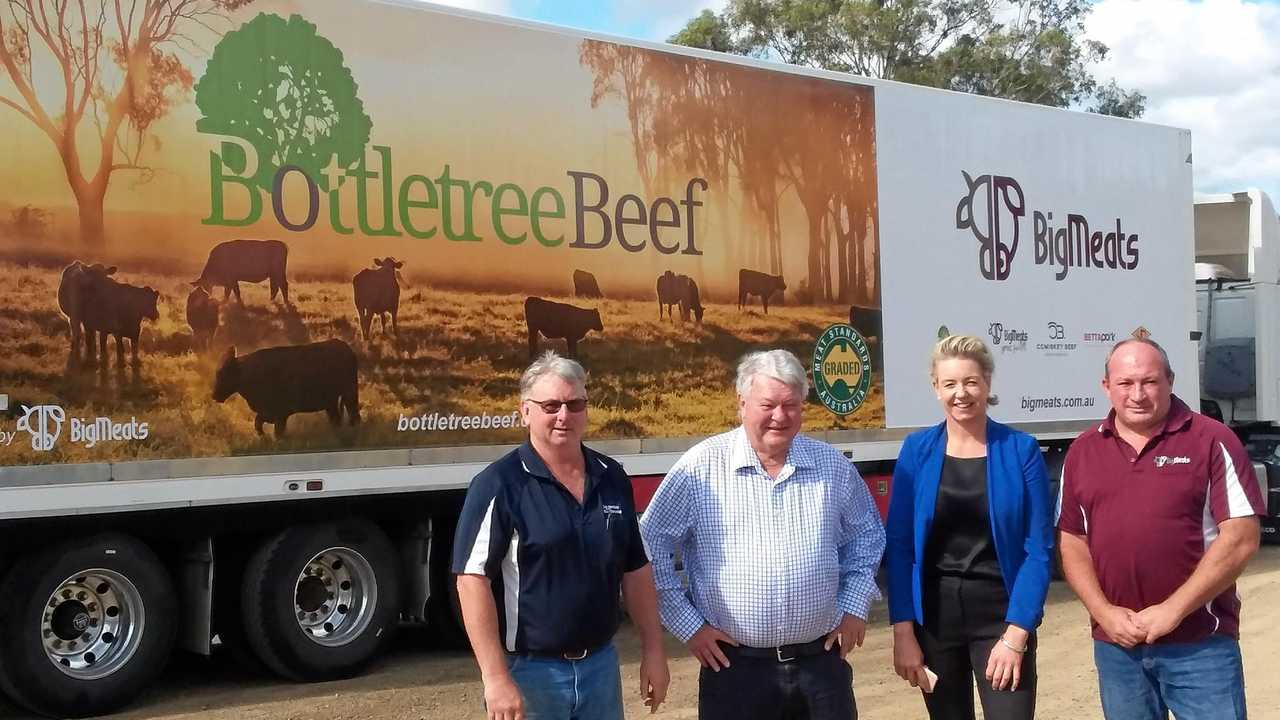 BIGGENDEN MEATWORKS VISIT: Gavin Kelly with Member for Flynn Ken O'Dowd, Senator Bridget McKenzie and Biggenden Meatworks' Peter Gibbs during a visit to Biggenden on Friday. Picture: Contributed