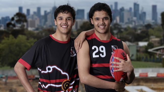 Bombers father-son twins Alwyn Junior and Jayden Davey. Picture: NCA NewsWire/David Geraghty