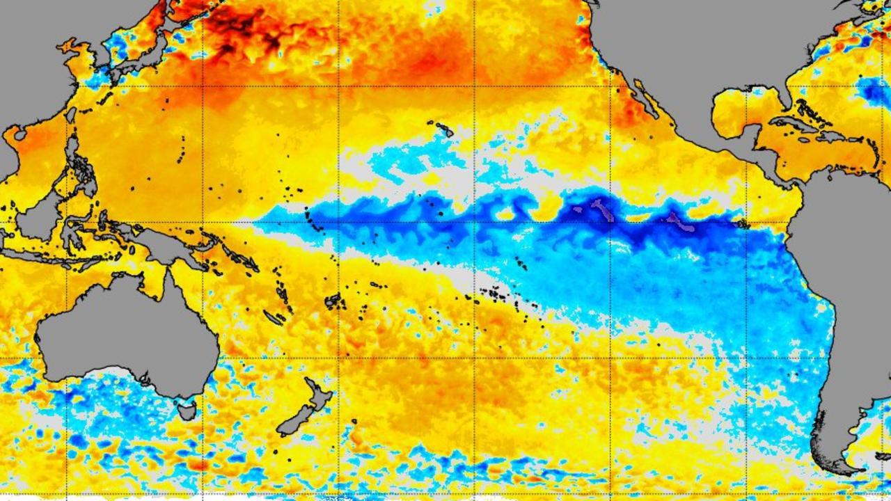 A visualisation of the cooler waters in the Pacific which are a distinctive element of a La Nina. Picture: NOAA.