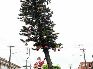 The bent christmas tree on Woodlark Street has a fresh look with Father Christmas holding up the tree. Photo Marc Stapelberg / The Northern Star. Picture: Marc Stapelberg