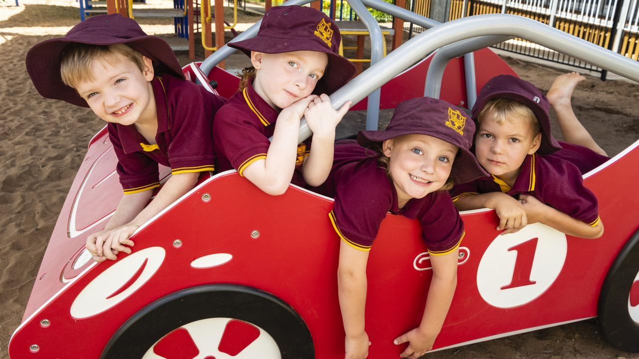 My First Year 2022: Jondaryan State School Prep students (from left) Quinton, Piper, Dusty and Kory, Friday, March 18, 2022. Picture: Kevin Farmer