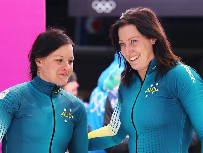 Astrid Radjenovic and Jana Pittman look on during the Women's Bobsleigh on Day 12 of the Sochi 2014 Winter Olympics. Picture: Getty