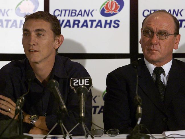 Mat Rogers with father Steve announcing his shift to rugby union in 2001. today at the SFS that he will swap codes to join Rugby Union. Picture: Brett Faulkner