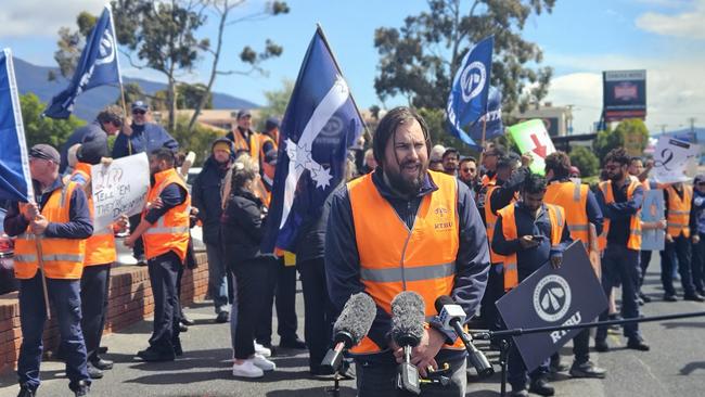 Rail, Bus and Tram Union official Byron Cubit speaks to the media during a stopwork action at Glenorchy on Friday November 8, 2024.