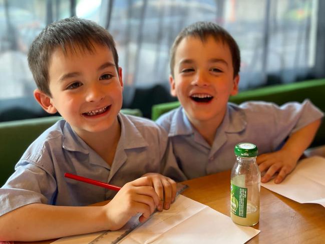 Twin brothers Noah (left) and Danny (right) Luethi, aged 8, were in the same grade prep class before being separated in grade one. It comes as new research shows there’s no, benefit to separating twins in the classroom. Picture: Supplied