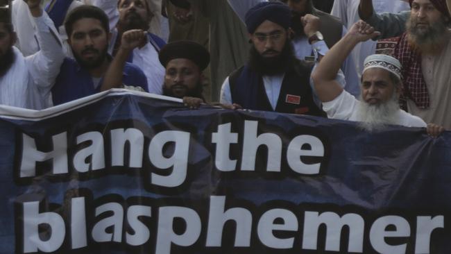 Supporters of Pakistani radical religious Tehreek-e-Labbaik party protest against a Christian woman Asia Bibi, in Lahore. Picture: AP