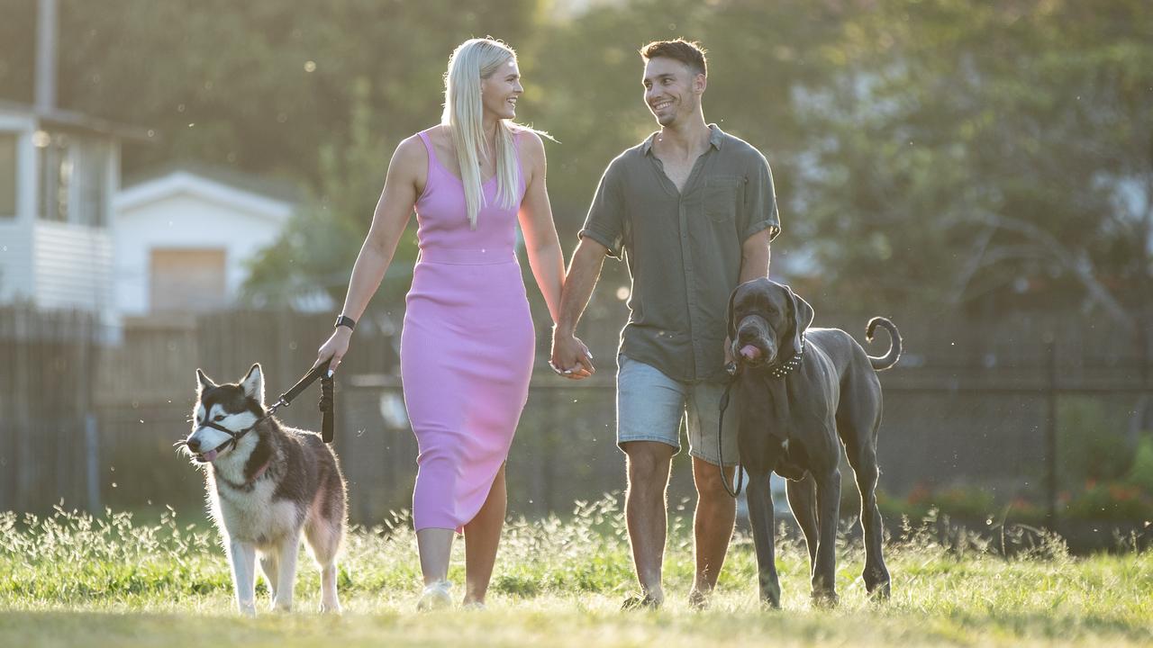 Shayna Jack and her boyfriend Joel with dogs Hugo and Willa. Picture: David Kelly