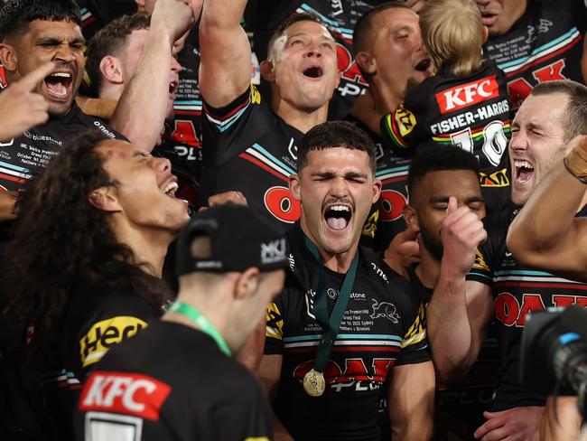 Nathan Cleary of the Panthers sings the team song with teammates after winning the 2023 NRL Grand Final. Picture: Getty Images